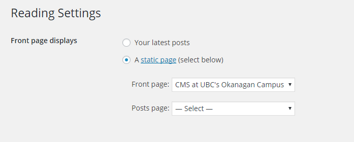 Figure 1: Assigning a Static Front page